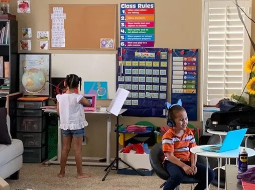 Marla converted her living room into a classroom for her children to attend Zoom school. (Photo courtesy of Marla Matime)